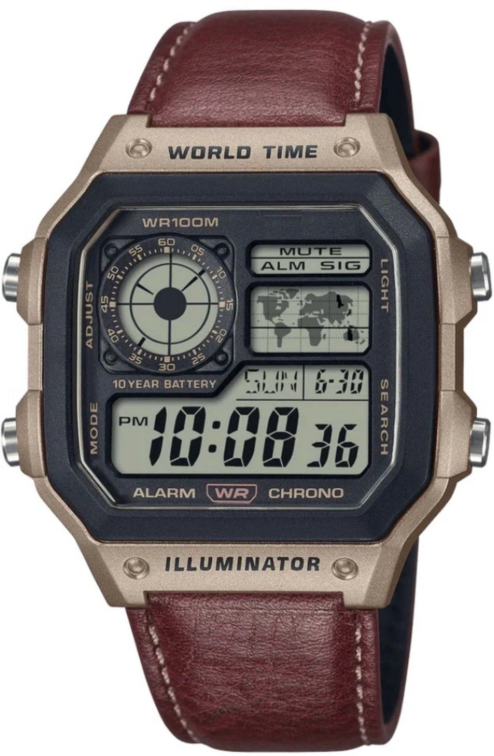 Ca_sio Inspired AE-1200WHL World Time Digital Watch (Leather Strap)